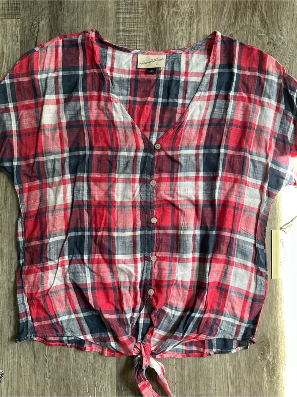 Universal Thread Red Navy White Plaid Button-Front Tie-Hem Top